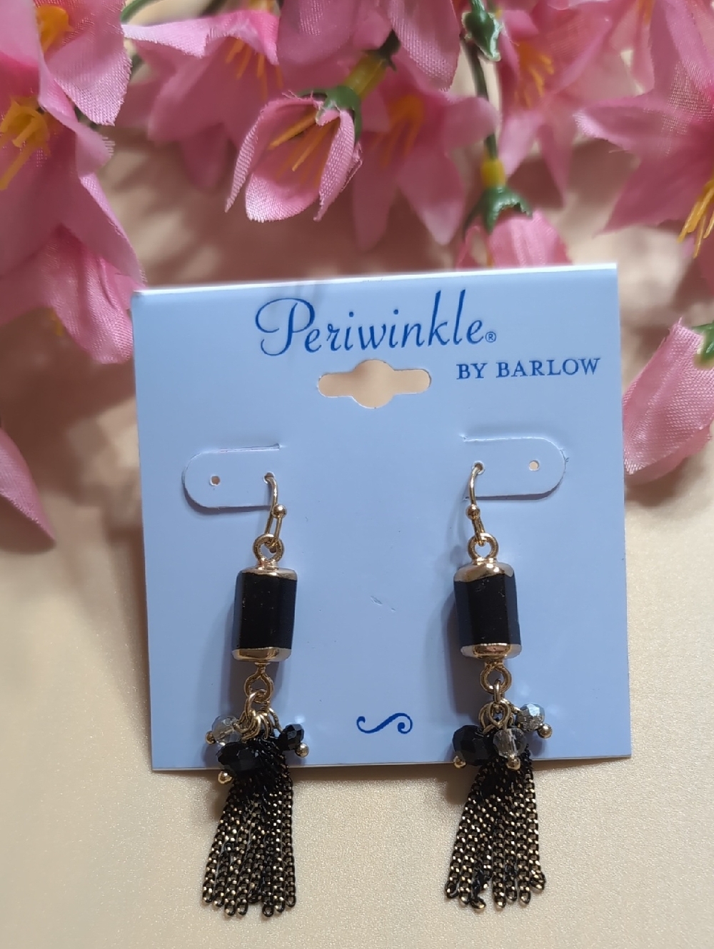 Periwinkle by Barlow Black & Gold Chain Tassel Earrings NWT